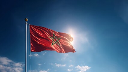 Waving Moroccan flag against the blue sky on independence Day celebration