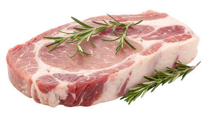 Single Raw Beef Chuck Steak with Rosemary Sprigs, Isolated on White, AI generated