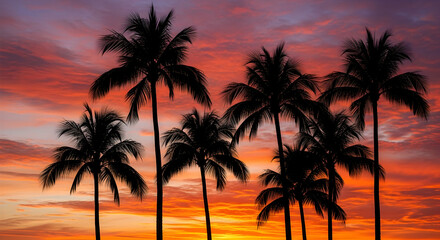 Obraz premium Majestic Palm Trees Silhouetted Against a Vibrant Tropical Sky at Twilight