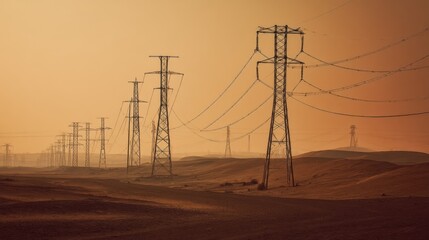 Electric grid lines stretching across desert landscape during golden hour