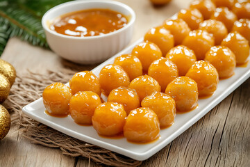 Golden Mini Meatballs on a white platter, side bowl with glossy apricot dipping sauce