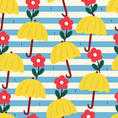 cute seamless pattern with cartoon drawing umbrella and flowers with blue and white background