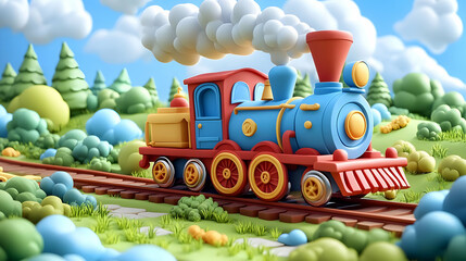 Cartoon Red and Blue Toy Train on Green Hill Landscape