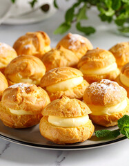Fluffy and golden cream puffs with vanilla custard. Decadent Italian pastry. Tasty sweet dessert.