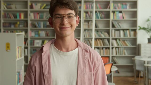Close up portrait happy Caucasian male student man guy teenager smiling carefree looking at camera in library books store education studying learning in school college teen wearing glasses headshot