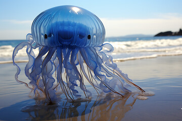 A captivating blue jellyfish with a smiling face and flowing tentacles washed ashore on a sandy beach, with gentle ocean waves in the background under a sunny sky