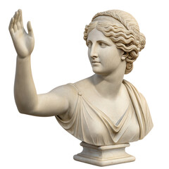 A classical marble bust of a woman with wavy hair, draped clothing, and an outstretched arm and hand in a graceful pose.