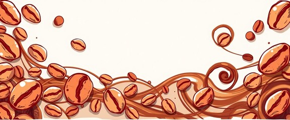 A whimsical banner ad featuring sketched coffee beans and chocolate swirls,  aroma,  promotion