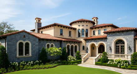 Fototapeta premium Exquisite Residential Estate with Timeless Architecture and Meticulously Landscaped Grounds