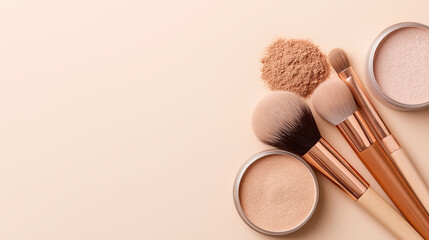 makeup brushes (a fluffy powder brush and a blush brush) soft, fluffy bristles in shades of light brown and cream,rose gold , accompanied by two circular containers of loose face powder. 