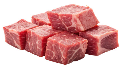 Close-up of Diced Raw Beef Cubes, Isolated on White, AI generated