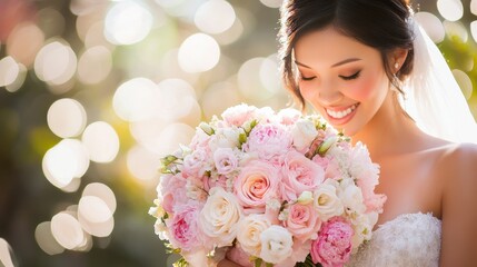 Naklejka premium A radiant bride with a delicate bouquet of pink and white flowers.