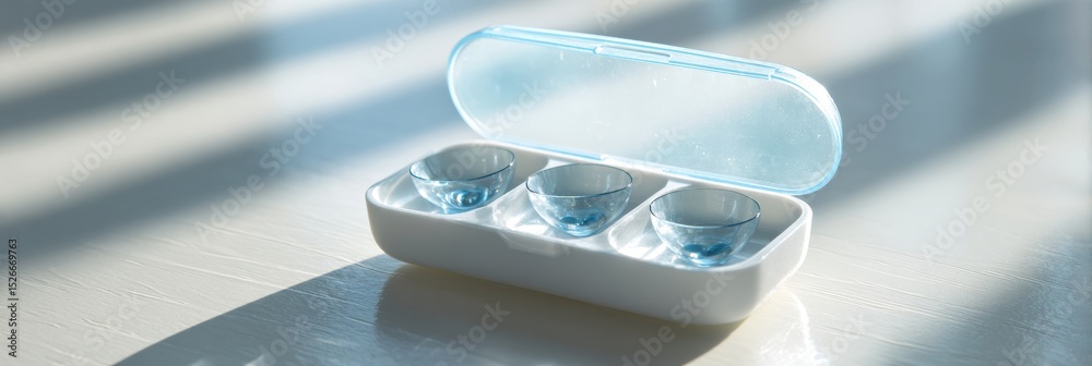 Poster Contact Lenses Displayed in Open Case on Clean White Surface With Soft Side Lighting Highlighting Clarity and Detail