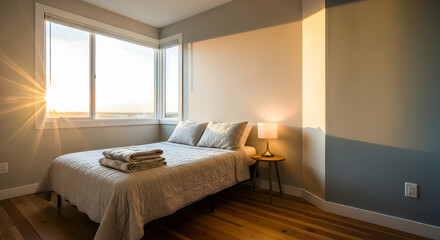 Bright And Comfortable Bedroom With A View And Natural Light At Sunrise