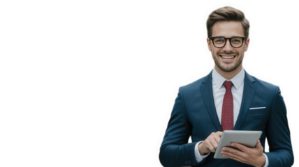 Smiling businessman in suit using tablet, isolated on transparent background.