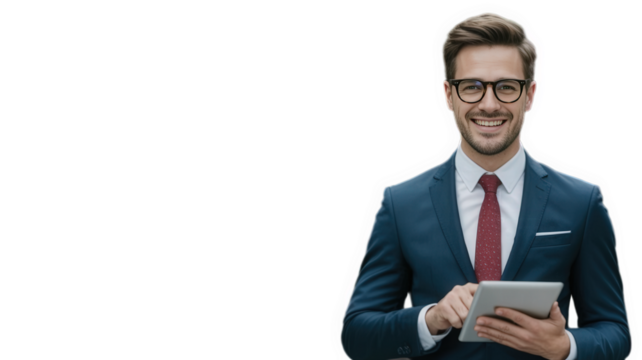 Smiling businessman in suit using tablet, isolated on transparent background.