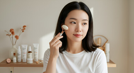 Woman using facial roller