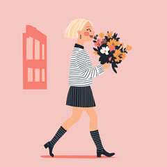 Cheerful Girl with Flower Bouquet on Pink Background