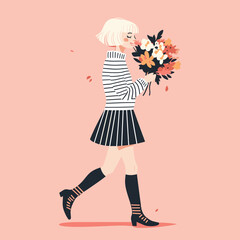 Cheerful Girl with Flower Bouquet on Pink Background