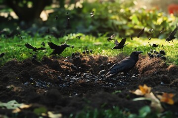 Obraz premium Chafer Grubs: Crows Destroy Lawn to Find and Eat Chafer Grubs