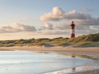 Red and white lighthouse on sandy beach at sunset