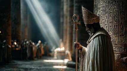 Ancient Egyptian Priest Holding Ankh Staff in Temple with Hieroglyphs and Sunbeams, Religious Ceremony, Fantasy, Historical Setting