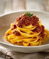 Closeup of tagliatelle pasta with rich meat sauce served on white plate

