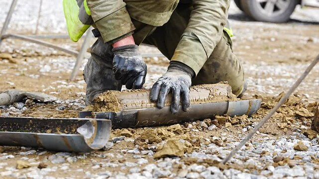 Man cutting and cleaning soil sample for laboratory analysis. Preparation of core material for geotechnical testing and scientific evaluatio
