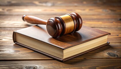 Obraz premium Gavel and Law Book: A close-up view captures a wooden gavel resting atop a closed law book on a rustic wooden surface, symbolizing justice, legal proceedings, and the rule of law.