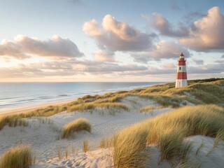 Scenic coastal lighthouse sunset dunescape beach