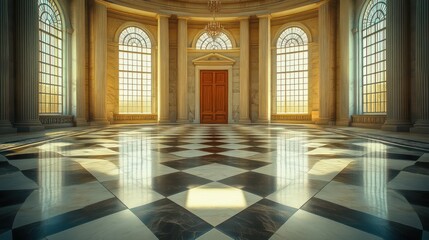 Grand hall with arched windows and checkered floor