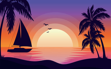 Evening beach scene with palm trees and sailboat. Orange sunset sky and sea with boat silhouette. Colorful flat vector illustration for relaxation, travel, and tropical vacation design themes