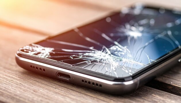 Broken Smartphone: The image captures a modern smartphone with a shattered screen, resting on a wooden surface, it show damaged mobile phone