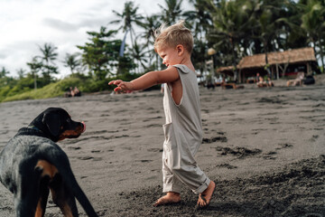 Curious toddler interacts with black dog, learning communication and behavior, symbolizing empathy, real-life emotion and social interaction patterns. Baby playing with happy dog on the beach