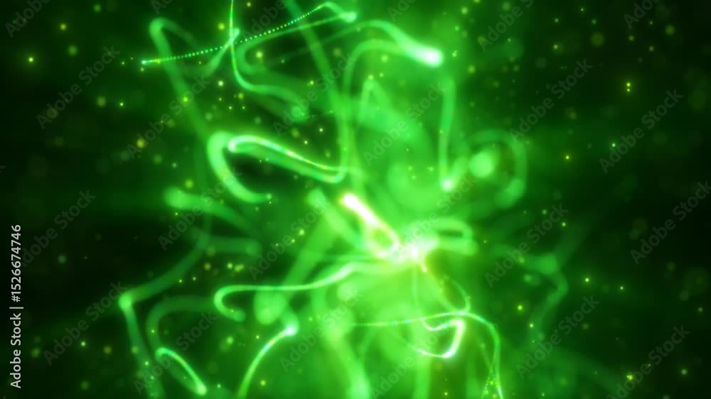Poster glowing green light trails and particles creating a dynamic and luminous abstract background