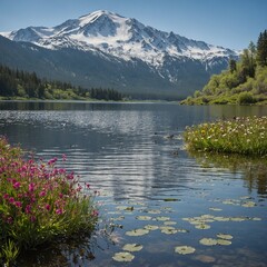 "A peaceful lakeside scene in spring, with blooming wildflowers along the shore, calm water reflecting a snow-capped mountain range, and birds flying overhead"