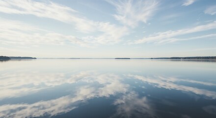 Obraz premium Tranquil lake reflecting blue sky and clouds during daytime 