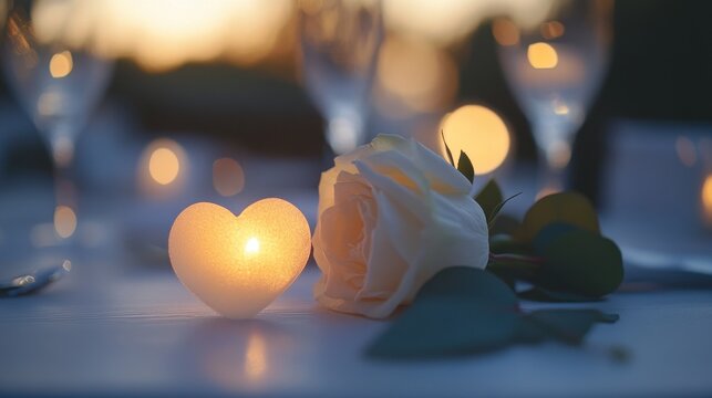 Heart-shaped candle and white rose on a table at sunset.