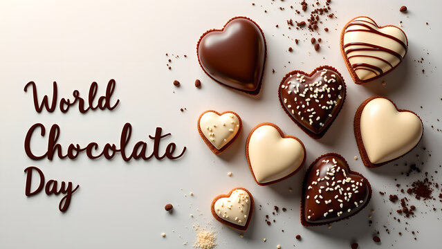Celebrate world chocolate day with heart shaped sweets and cocoa powder details - Powered by Adobe