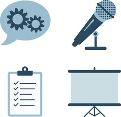 Workshop teaching icons. Gear innovation, speaking mic, document list, and trainer presentation illustrations  