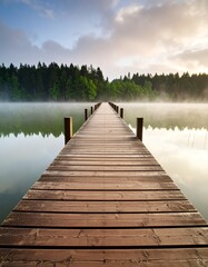 Long Wooden Pier Extending into Foggy Lake
