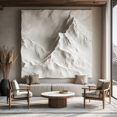A modern, minimalist living room interior with neutral tones and Scandinavian design. High quality photo