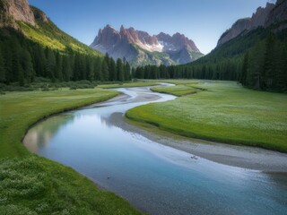 Serene river winding through alpine meadow and mountains