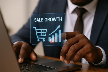Image shows businessman using laptop with digital overlay of sales