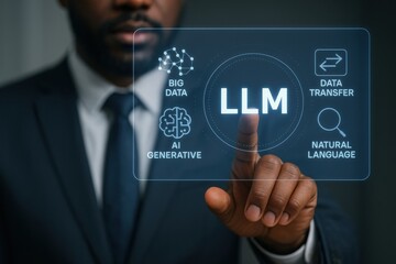 Businessman suit interacts with digital interface displaying terms