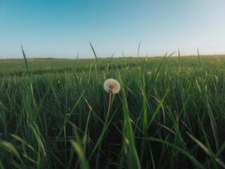 Single dandelion in lush green field at sunset