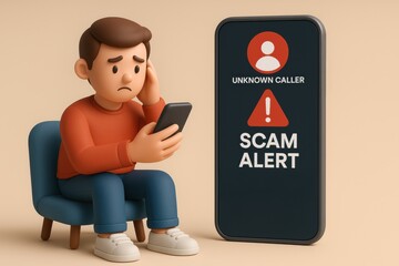 Worried young man sitting chair looking his phone with scam alert