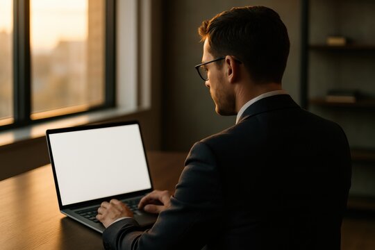 Man suit working laptop desk during sunset, modern office setting