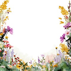 Vibrant floral border with various colorful wildflowers enhancing blank space.
