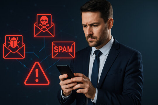 Man business suit looks his phone with warning icons for spam - Powered by Adobe